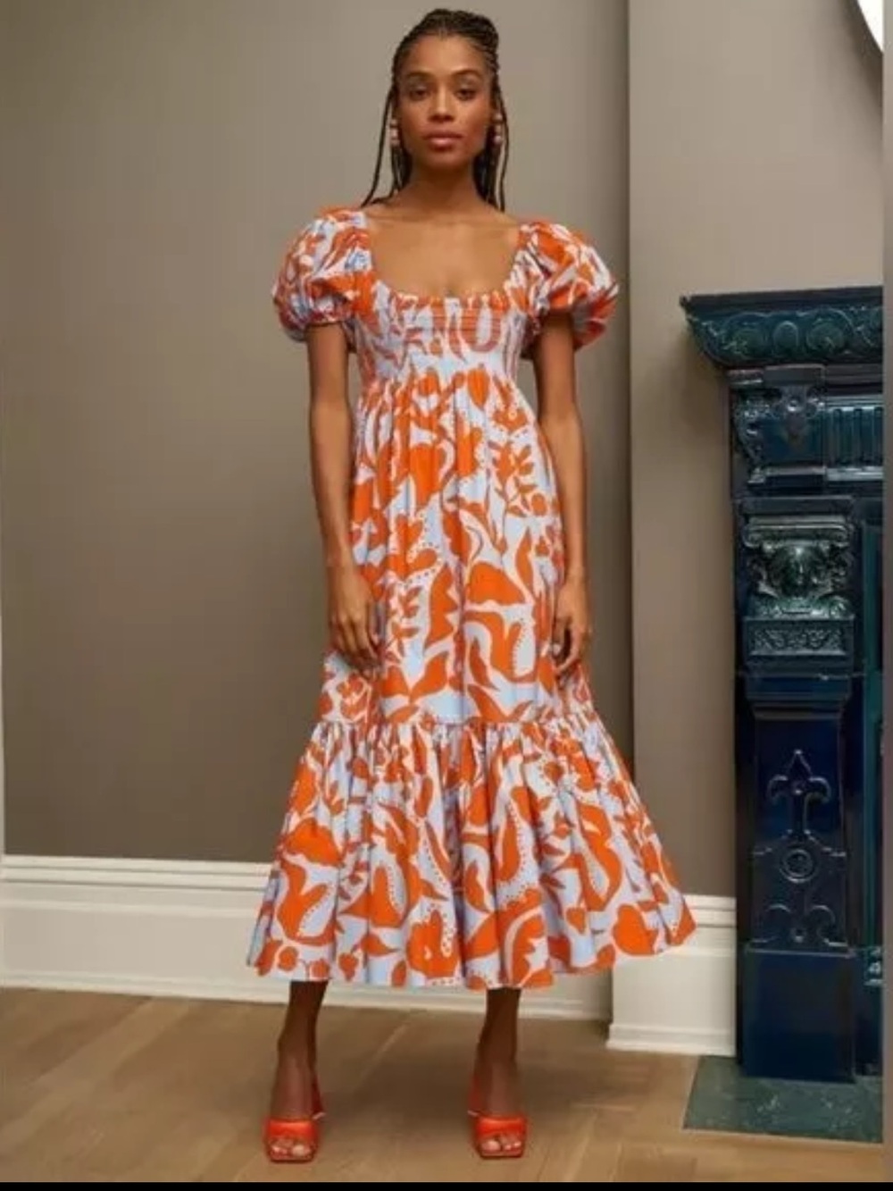 La Ligne || Amy Puff Sleeve Smocked Maxi Dress Periwinkle Tangerine Orange Small